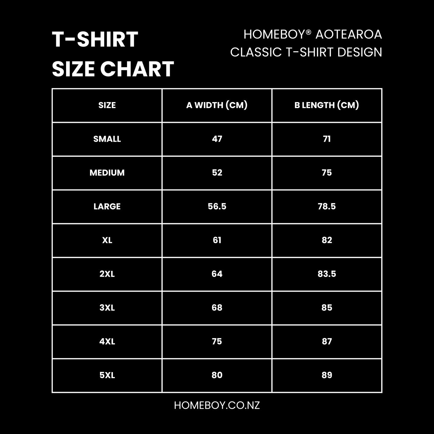 Homeboy Classic Tee Size Chart